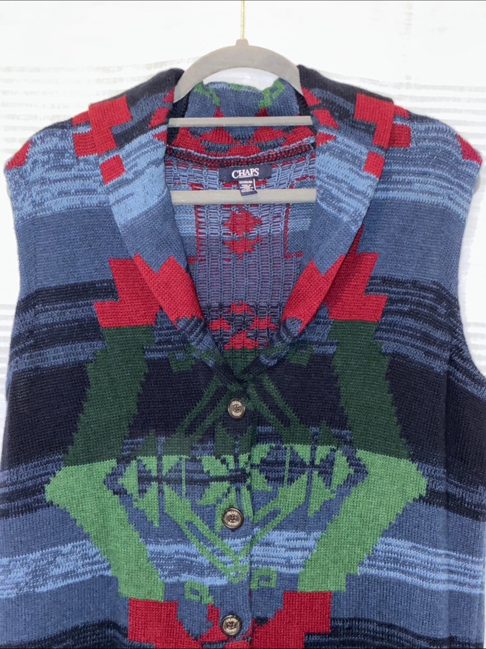 Chaps, Women’s 1X,   Blue Red Green Patterned Sweater Vest